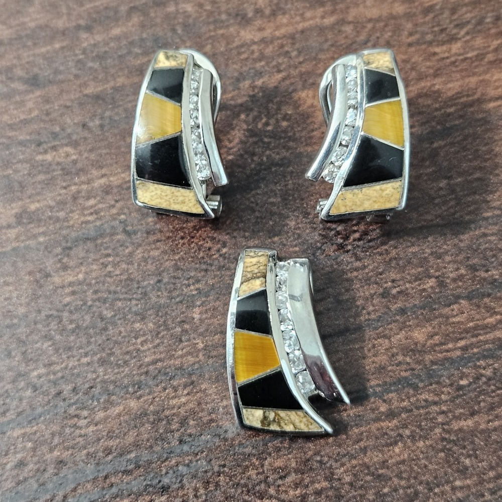 Sterling Silver Crystal Inlay Stone Earrings & Pendant Geometric Modern